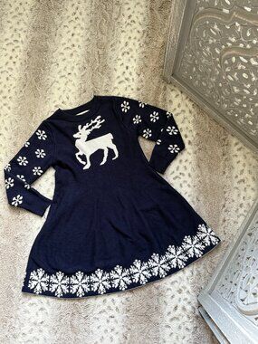 Navy long sleeve Christmas dress girls 5T holiday party reindeer snowflakes